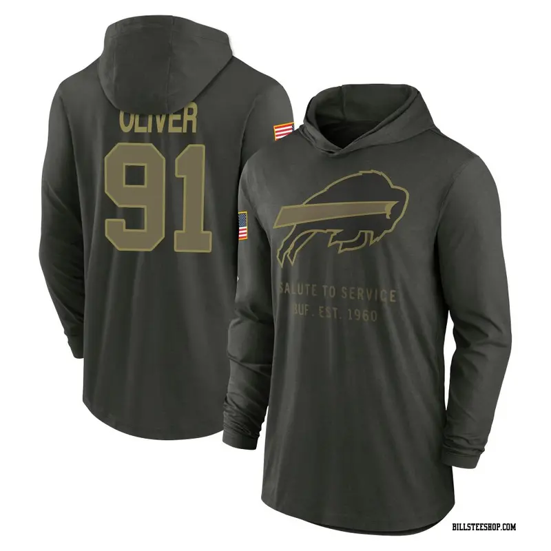 Men's Buffalo Bills ＃91 Ed Oliver Forest/Green 2025 Salute to Service Sideline Lightweight Hooded Pullover Long Sleeve T-Shirt
