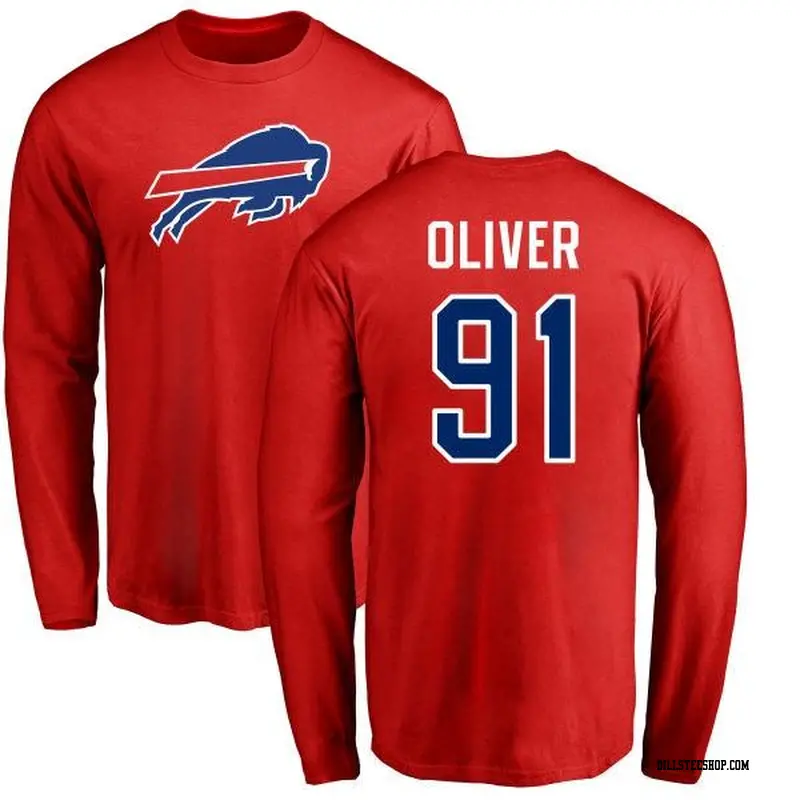 Men's Buffalo Bills ＃91 Ed Oliver Red Name & Number Logo Long Sleeve T-Shirt