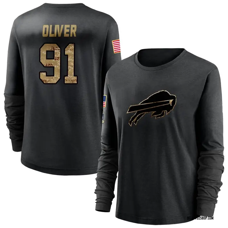 Women's Buffalo Bills ＃91 Ed Oliver Black 2020 Salute To Service Sideline Performance Long Sleeve T-Shirt