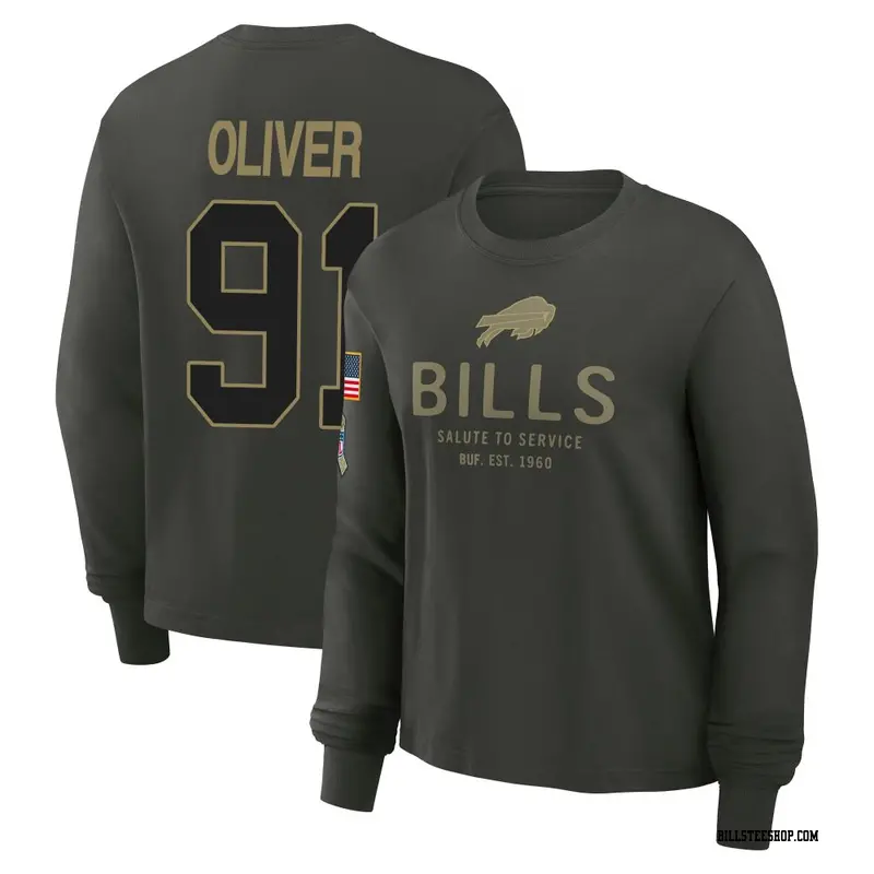 Women's Buffalo Bills ＃91 Ed Oliver Dark/Green 2025 Salute to Service Sideline Long Sleeve T-Shirt