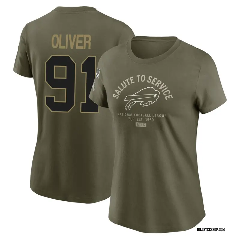 Women's Buffalo Bills ＃91 Ed Oliver Olive Ed r 2025 Salute to Service Sideline T-Shirt