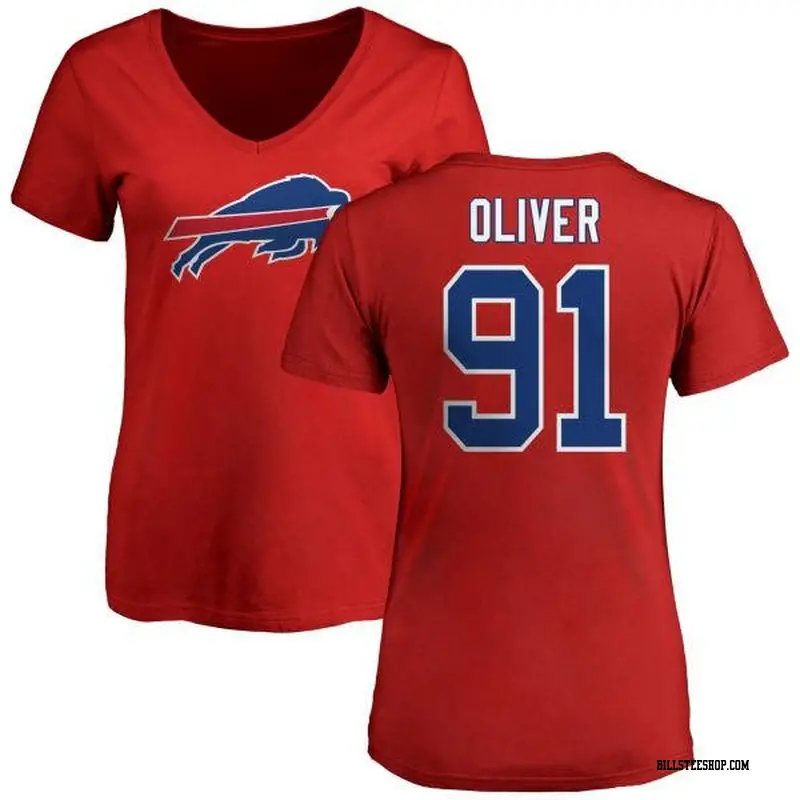 Women's Buffalo Bills ＃91 Ed Oliver Red Name & Number Logo Slim Fit T-Shirt