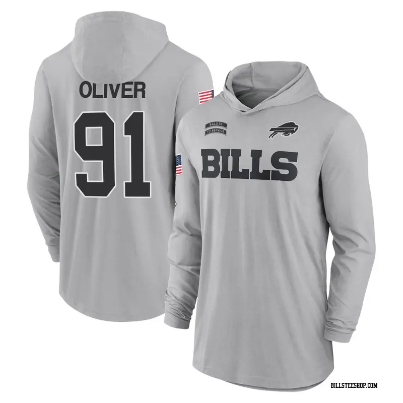 Youth Buffalo Bills ＃91 Ed Oliver Gray 2024 Salute to Service Lightweight Performance Long Sleeve Hooded T-Shirt
